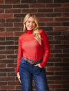 Red Mock Neck Mesh Top with Pearl Detail