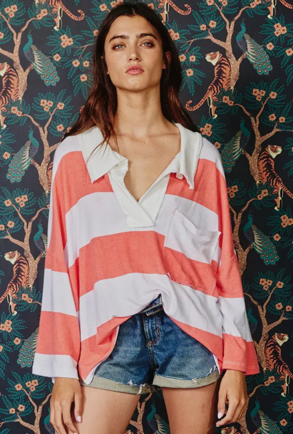 Coral Oversized Stripe Top
