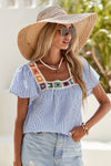 Stripe Textured Ruffle Short Sleeve Boho Detail Blouse