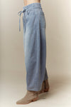 Washed Blue Waist Tie Corduroy Pants