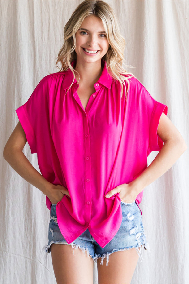 Solid Cuffed Button Up Top - Hot Pink