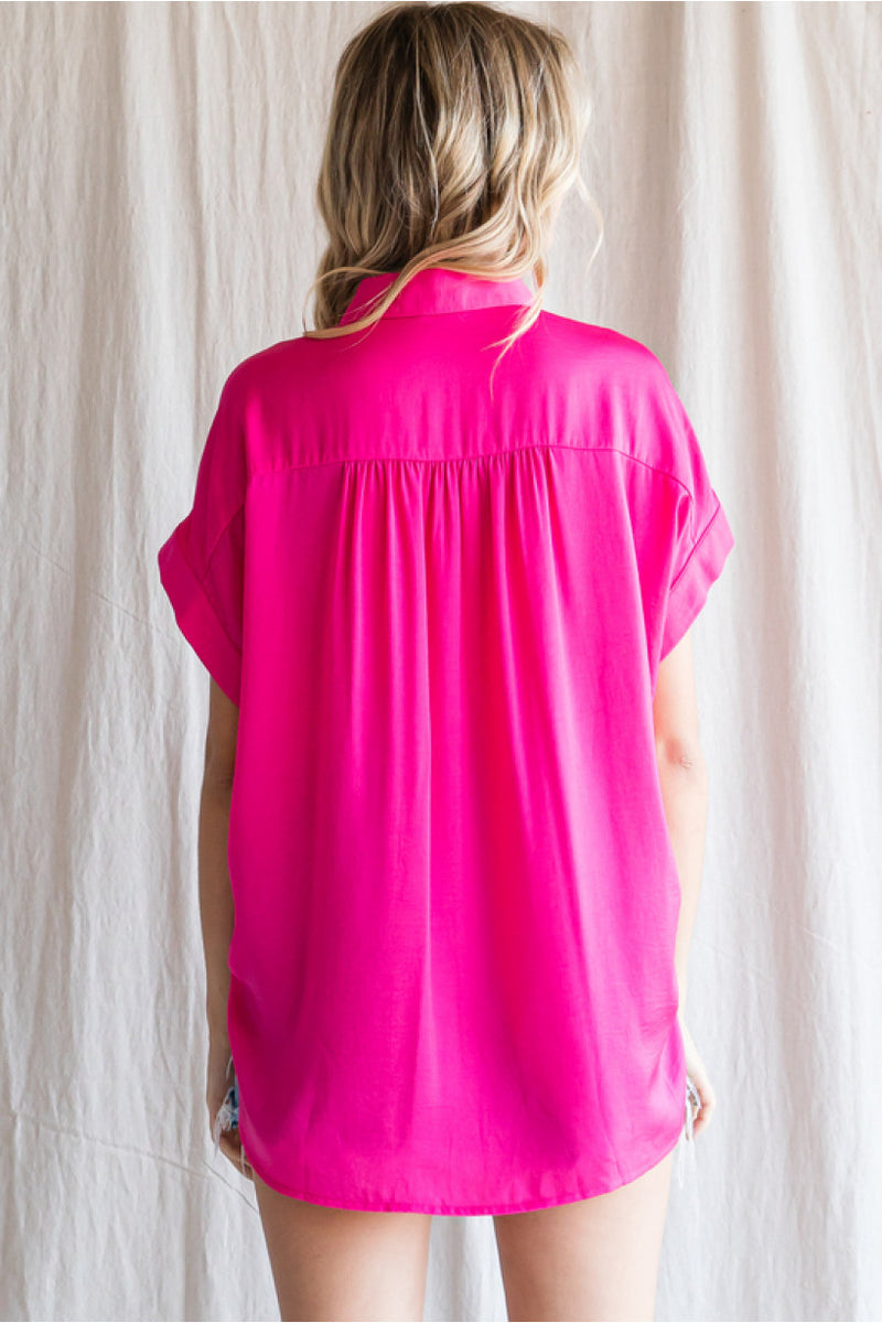 Solid Cuffed Button Up Top - Hot Pink