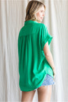 Solid Cuffed Button Up Top - Emerald