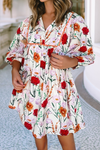 Floral Print 3/4 Puff Sleeve Ricrac Trim Mini Dress