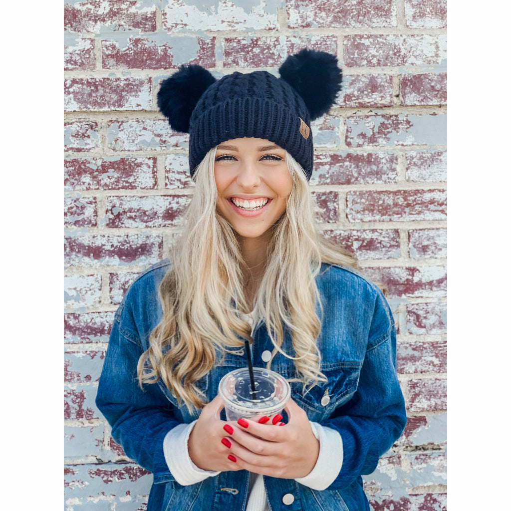 C.C Cable Knit Double Matching Pom Beanie Black