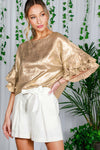 Gold Accordion Pleat Ruffle Sleeve Woven Blouse Top