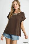 Brown Scallop Hem Linen Blend Top