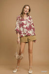 Garnet Cherry Blossom Print Scalloped Hem Blouse