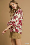 Garnet Cherry Blossom Print Scalloped Hem Blouse
