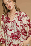 Garnet Cherry Blossom Print Scalloped Hem Blouse