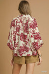 Garnet Cherry Blossom Print Scalloped Hem Blouse