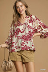 Garnet Cherry Blossom Print Scalloped Hem Blouse