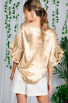 Gold Accordion Pleat Ruffle Sleeve Woven Blouse Top