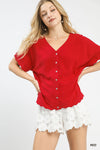Red Linen Scallop Button Front Top