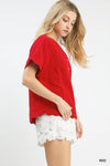 Red Linen Scallop Button Front Top
