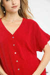 Red Linen Scallop Button Front Top