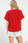 Red Linen Scallop Button Front Top