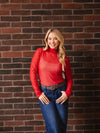Red Mock Neck Mesh Top with Pearl Detail
