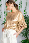 Gold Accordion Pleat Ruffle Sleeve Woven Blouse Top