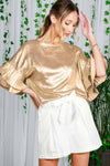 Gold Accordion Pleat Ruffle Sleeve Woven Blouse Top