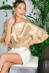 Gold Accordion Pleat Ruffle Sleeve Woven Blouse Top