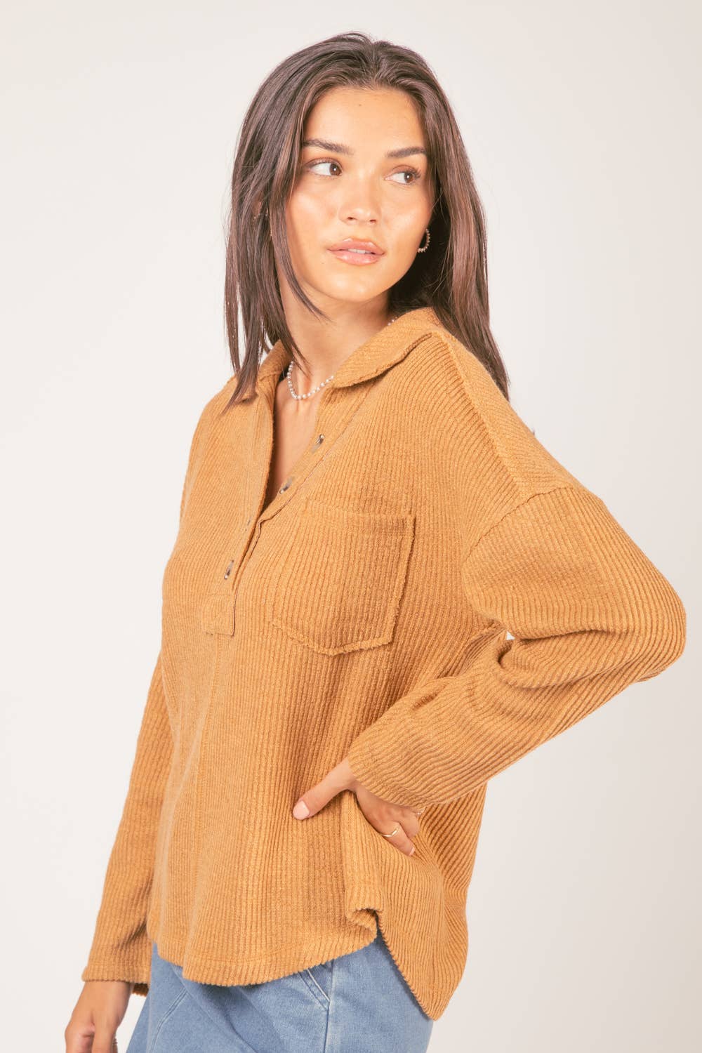 Textured Collared Henley Top - Camel