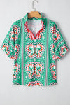 Sea Green Boho Abstract Print Contrast Striped Collared V Neck Blouse