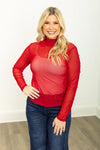 Red Mock Neck Mesh Top with Pearl Detail
