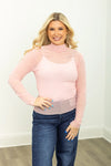 Pink Mock Neck Mesh Top with Pearl Detail