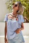 Stripe Textured Ruffle Short Sleeve Boho Detail Blouse