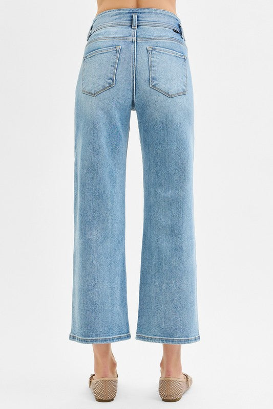 Risen Tummy Control High Rise Crop Wide Waist Band Bow Jeans