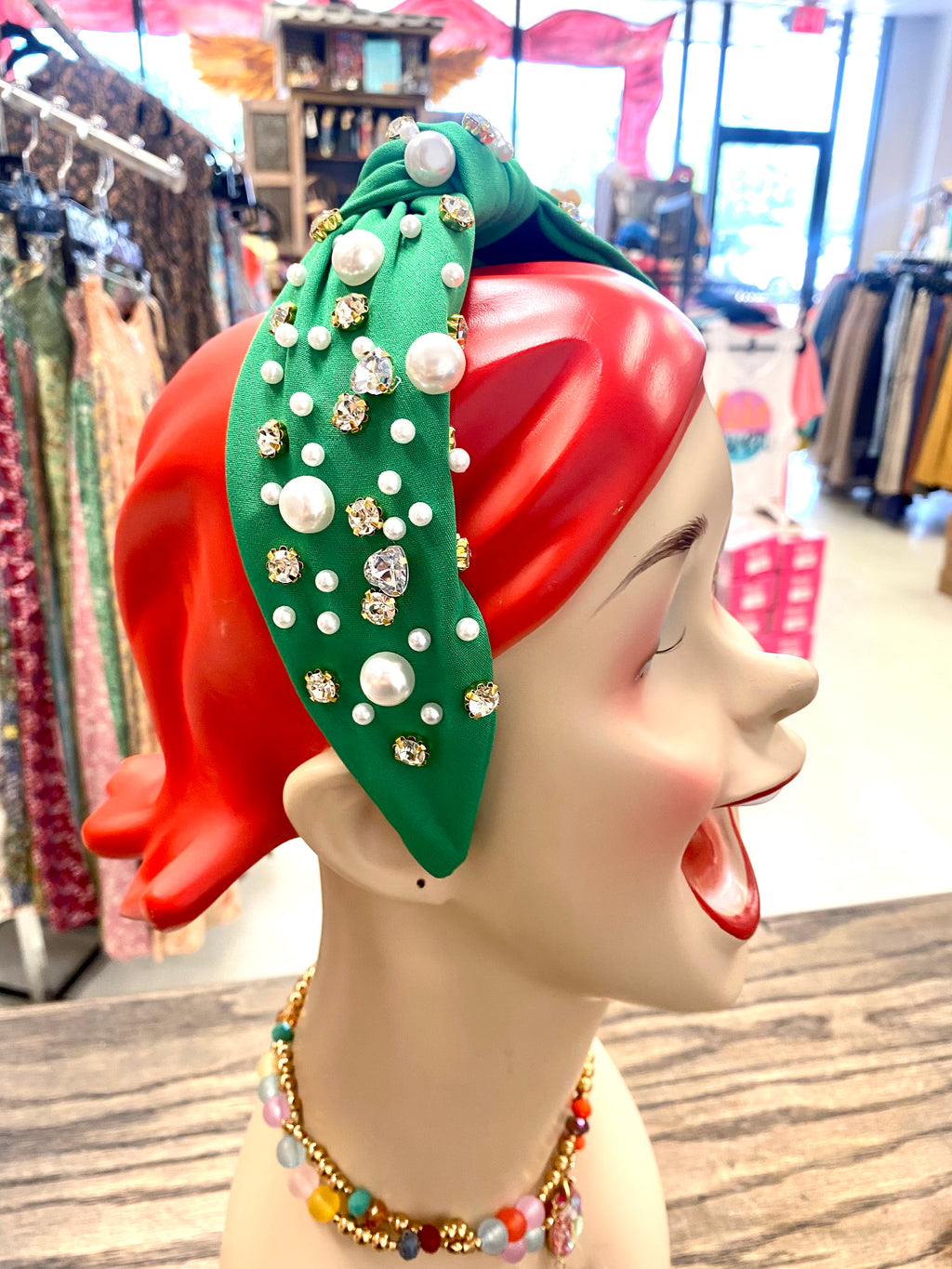 Green Headband with Pearls & Crystals
