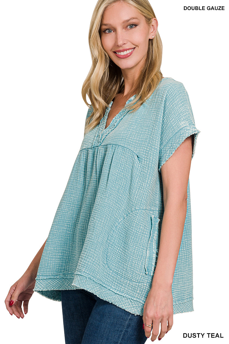 Washed Double Gauze Top - Dusty Teal