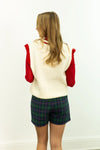 Sequin Ivory Sweater Vest w/Plaid Tree Patches