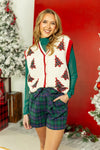 Sequin Ivory Sweater Vest w/Plaid Tree Patches