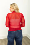 Red Mock Neck Mesh Top with Pearl Detail