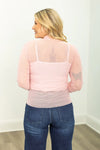 Pink Mock Neck Mesh Top with Pearl Detail