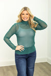 Green Mock Neck Mesh Top with Pearl Detail