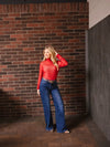 Red Mock Neck Mesh Top with Pearl Detail
