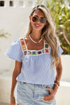 Stripe Textured Ruffle Short Sleeve Boho Detail Blouse