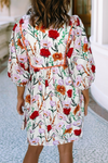 Floral Print 3/4 Puff Sleeve Ricrac Trim Mini Dress