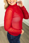 Red Mock Neck Mesh Top with Pearl Detail