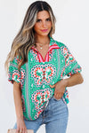 Sea Green Boho Abstract Print Contrast Striped Collared V Neck Blouse