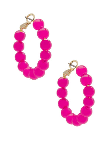 Small Glass Bead Hoop Earring - Hot Pink
