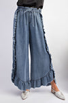 Blue Washed Ruffle Chambray Pants
