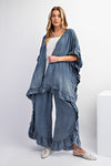 Blue Washed Ruffle Chambray Pants