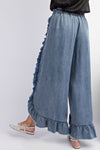Blue Washed Ruffle Chambray Pants