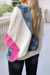Checkered Denim Exposed Seam Patchwork Sweatshirt