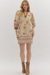 Ecru Botanical 3/4 Puff Sleeve Mini Dress