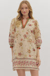 Ecru Botanical 3/4 Puff Sleeve Mini Dress